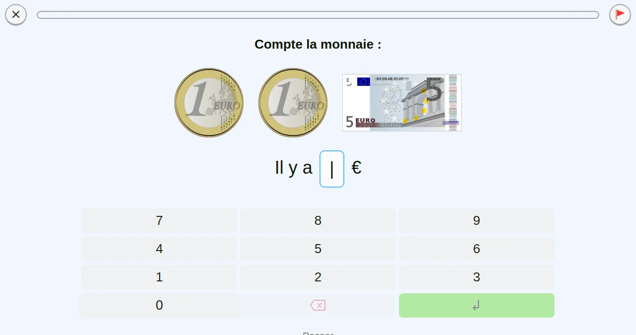 Capture d'écran d'un exercice sur la monnaie