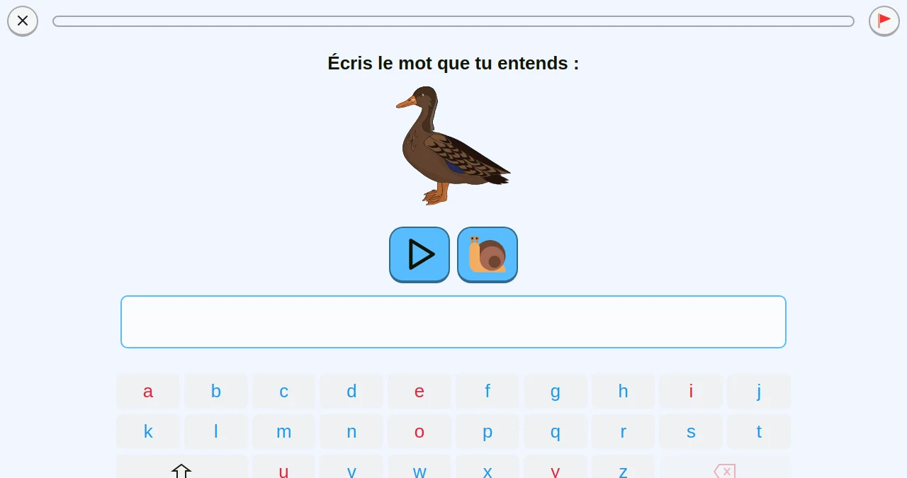 Capture d'écran d'un exercice de dictée de mot avec clavier visuel