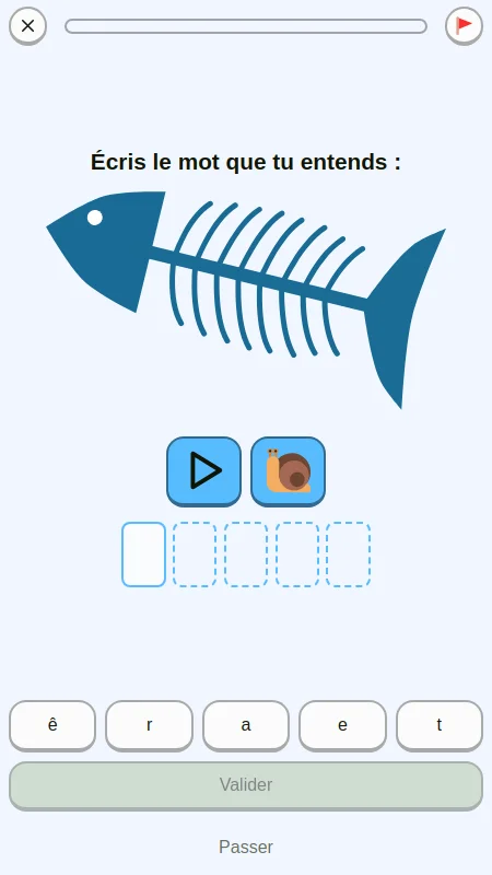 Capture d'écran d'un exercice de dictée lettre par lettre sur mobile