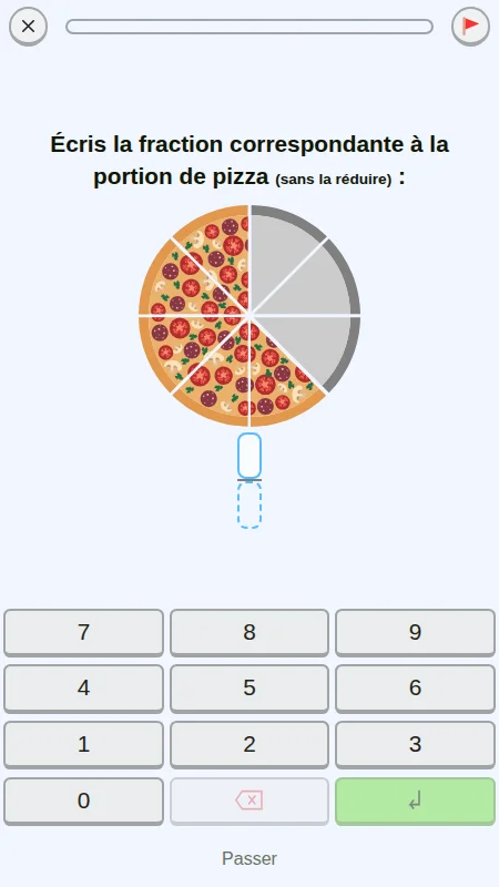 Capture d'écran d'un exercice sur l'apprentissage des fractions avec des parts de pizza