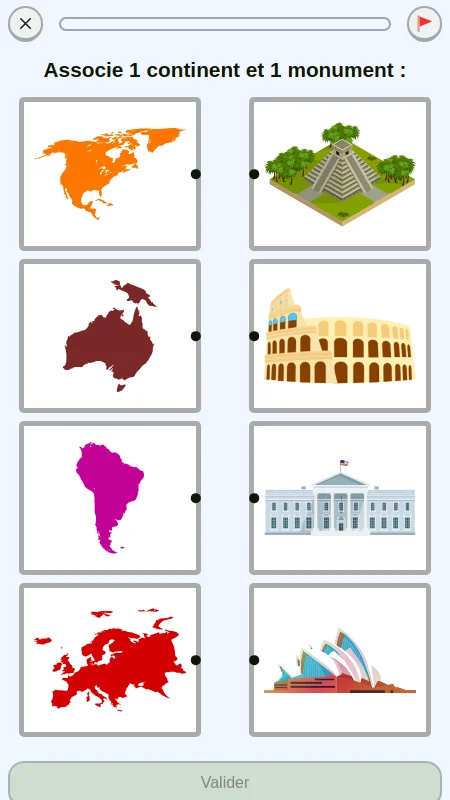 Capture d'écran d'un exercice de géographie pour associer les monuments et leur continent