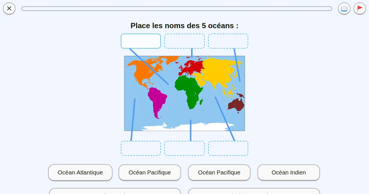 Capture d'écran d'un exercice de géographie sur les océans