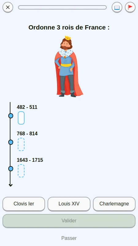 Capture d'écran d'un exercice d'histoire sur les rois de France