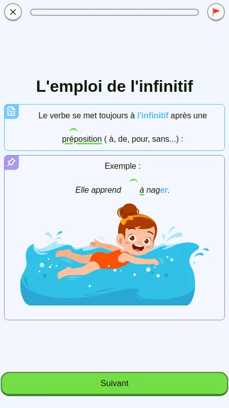 Capture d'écran d'une leçon sur les verbes à l'infinitif